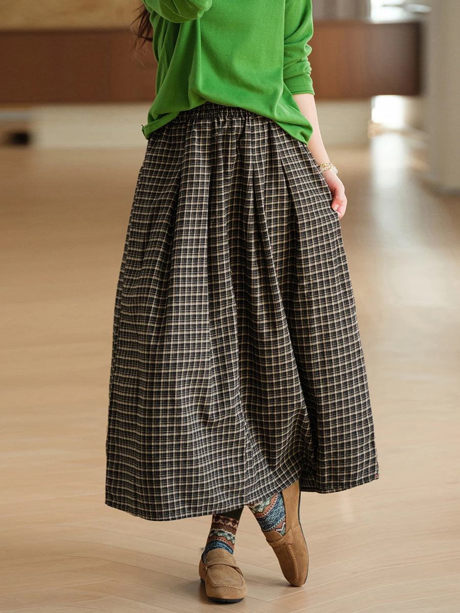 Women Literary 100% Cotton Yarn-Dyed Plaid Elastic A-Line Skirt