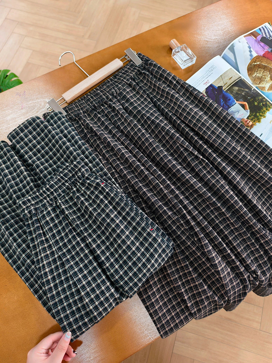 Women Literary 100% Cotton Yarn-Dyed Plaid Elastic A-Line Skirt