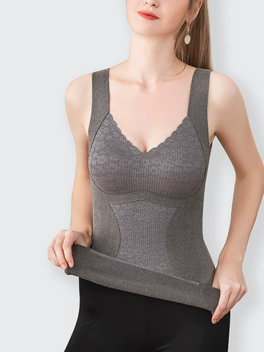 Women Built-In Pad Lace Jacquard Thermal Camisole Seamless Shaping Base Layer