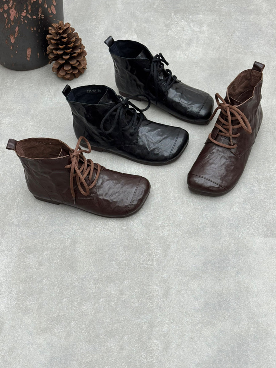 Women Vintage Crinkle Leather Lace-Up Casual Martin Boots