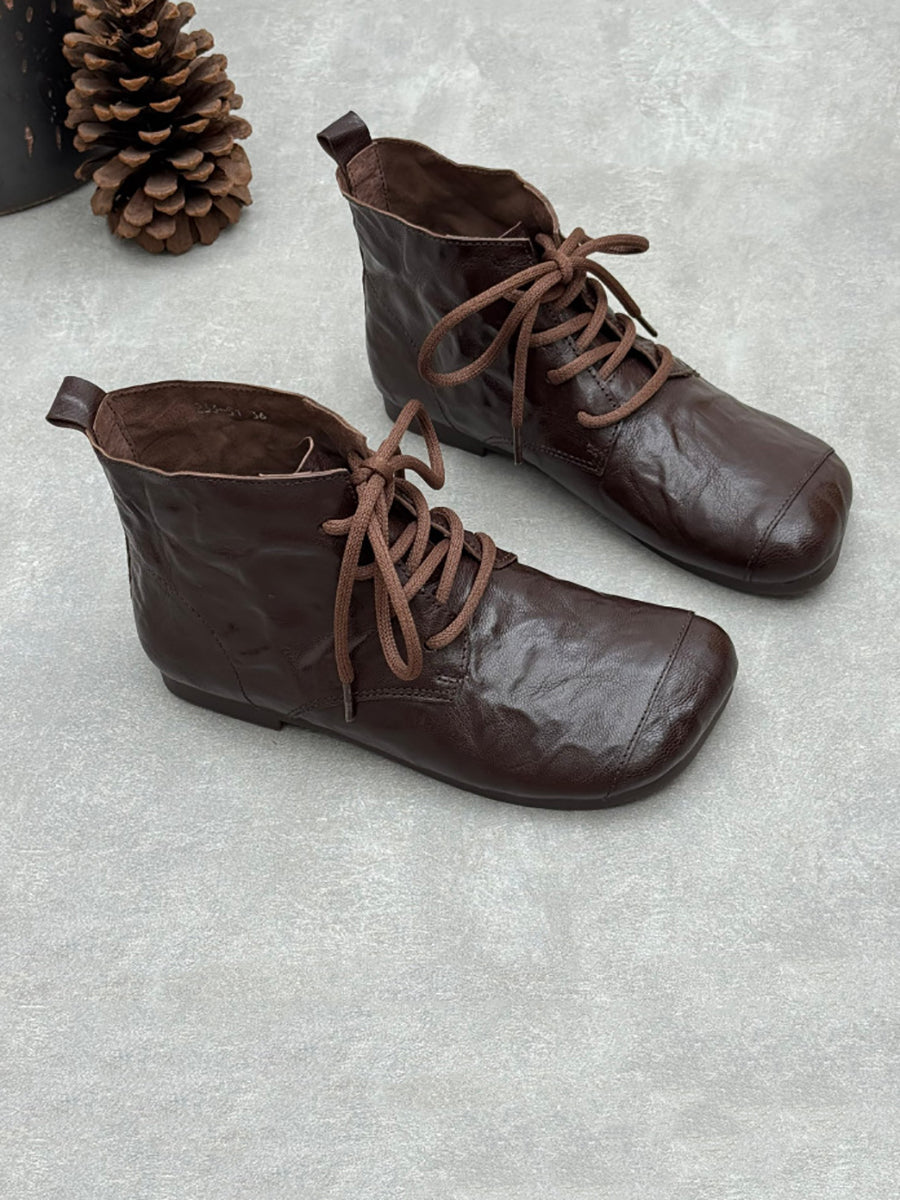 Women Vintage Crinkle Leather Lace-Up Casual Martin Boots