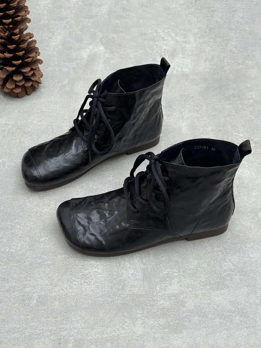 Women Vintage Crinkle Leather Lace-Up Casual Martin Boots