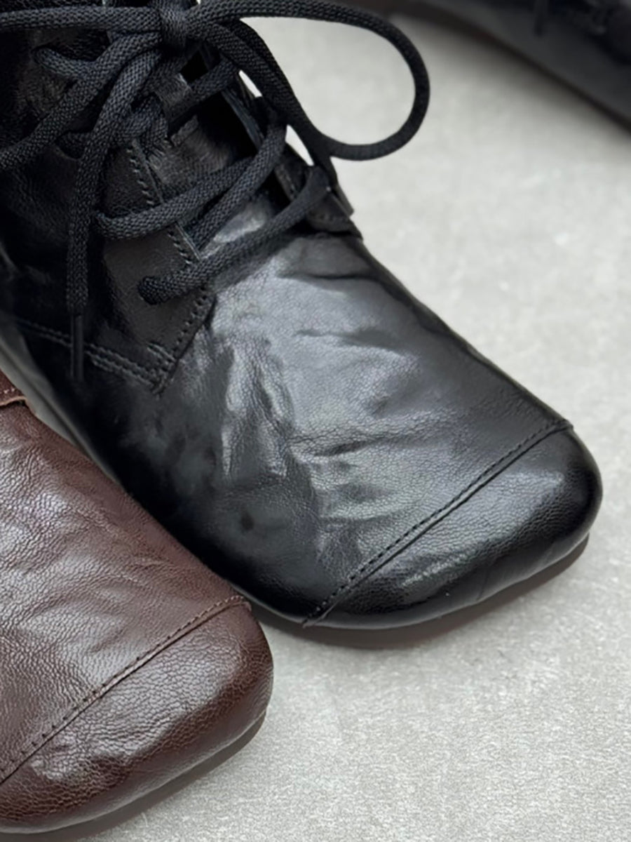 Women Vintage Crinkle Leather Lace-Up Casual Martin Boots