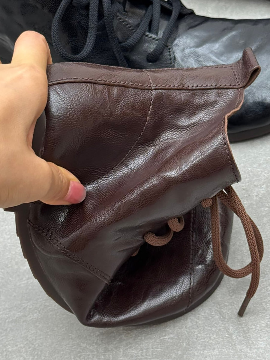 Women Vintage Crinkle Leather Lace-Up Casual Martin Boots