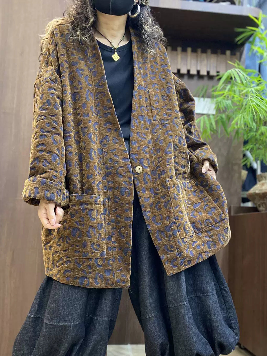 Plus Size Women Vintage Print Casual Mid Length Cardigan Jacket