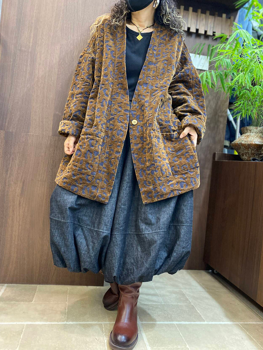 Plus Size Women Vintage Print Casual Mid Length Cardigan Jacket