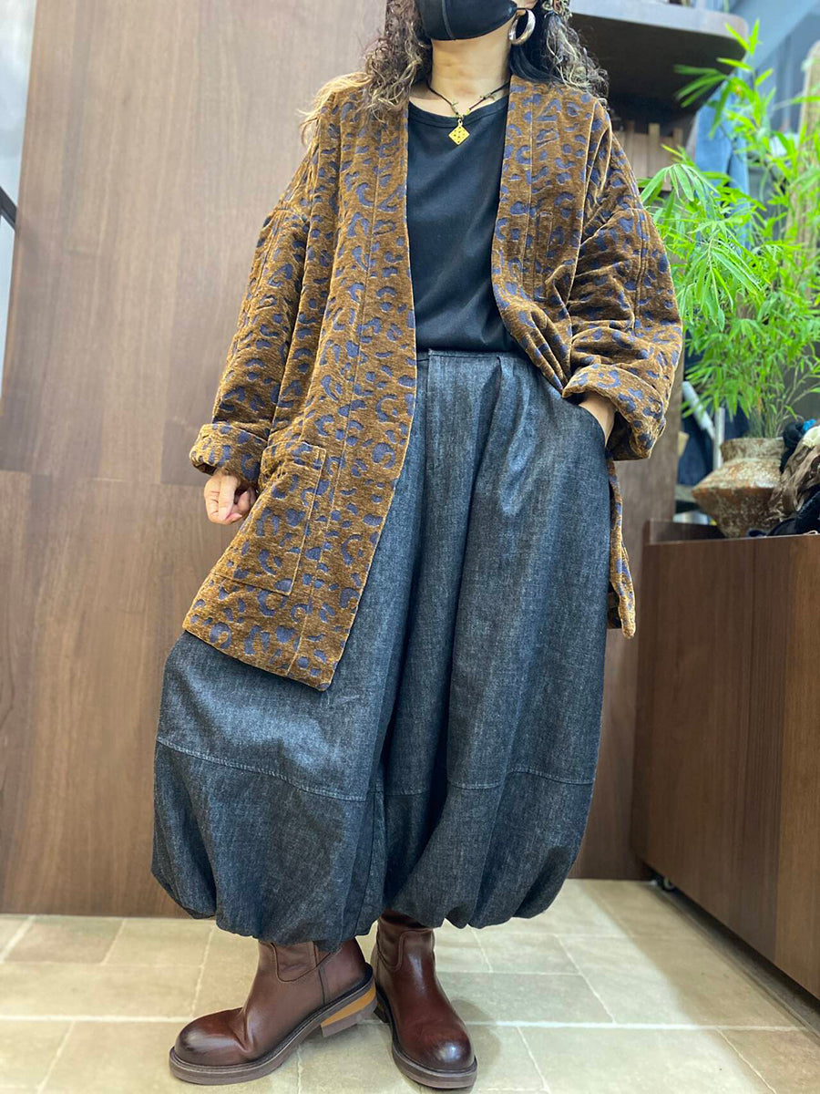 Plus Size Women Vintage Print Casual Mid Length Cardigan Jacket