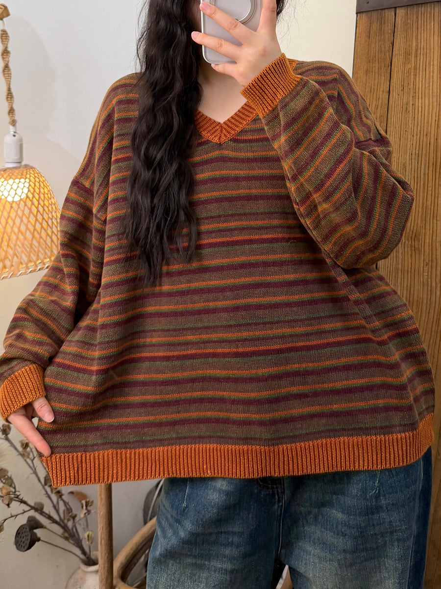 Women Fall Vintage Color Block Stripe V-Neck Cotton Sweater