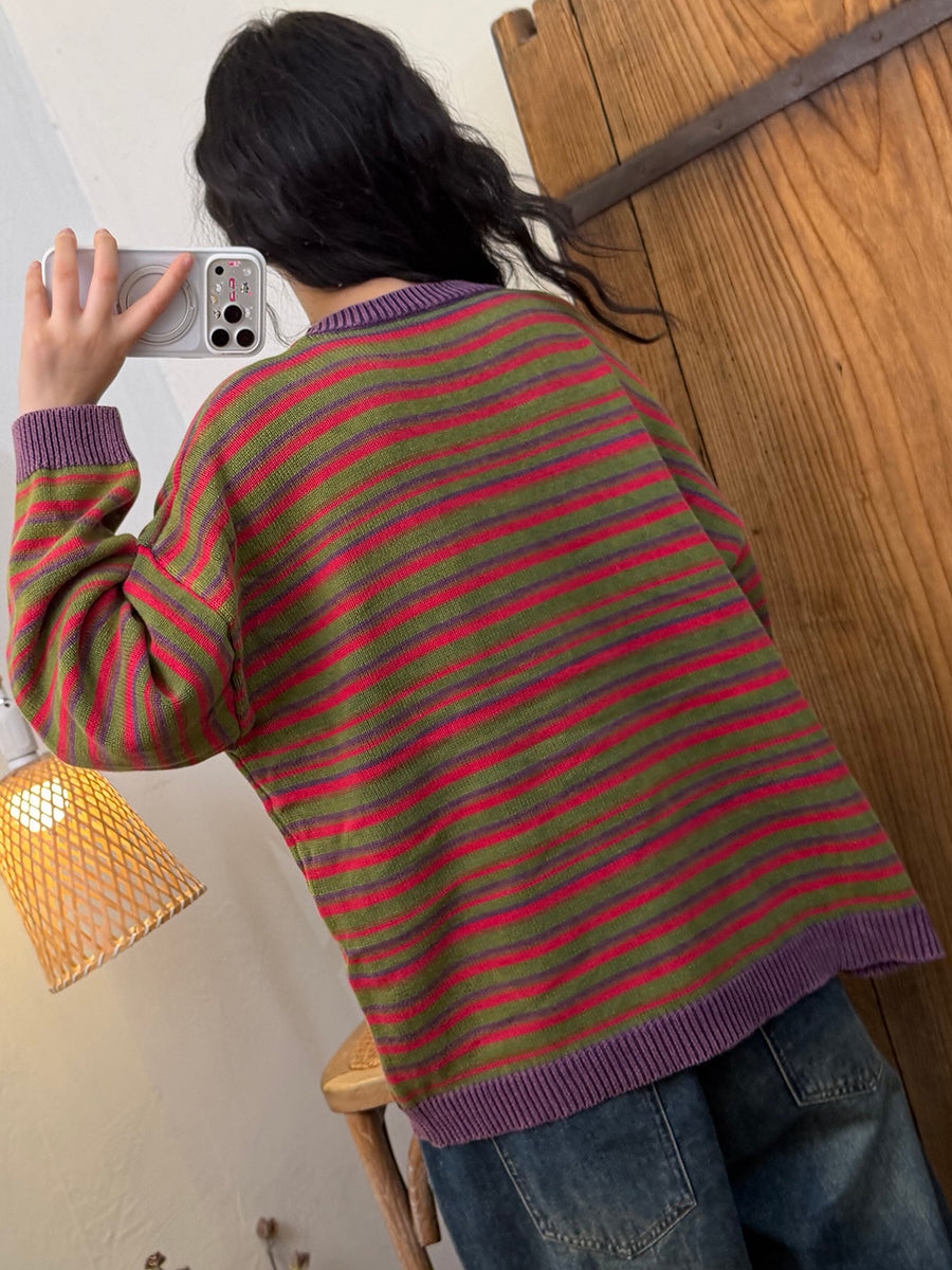 Women Fall Vintage Color Block Stripe V-Neck Cotton Sweater