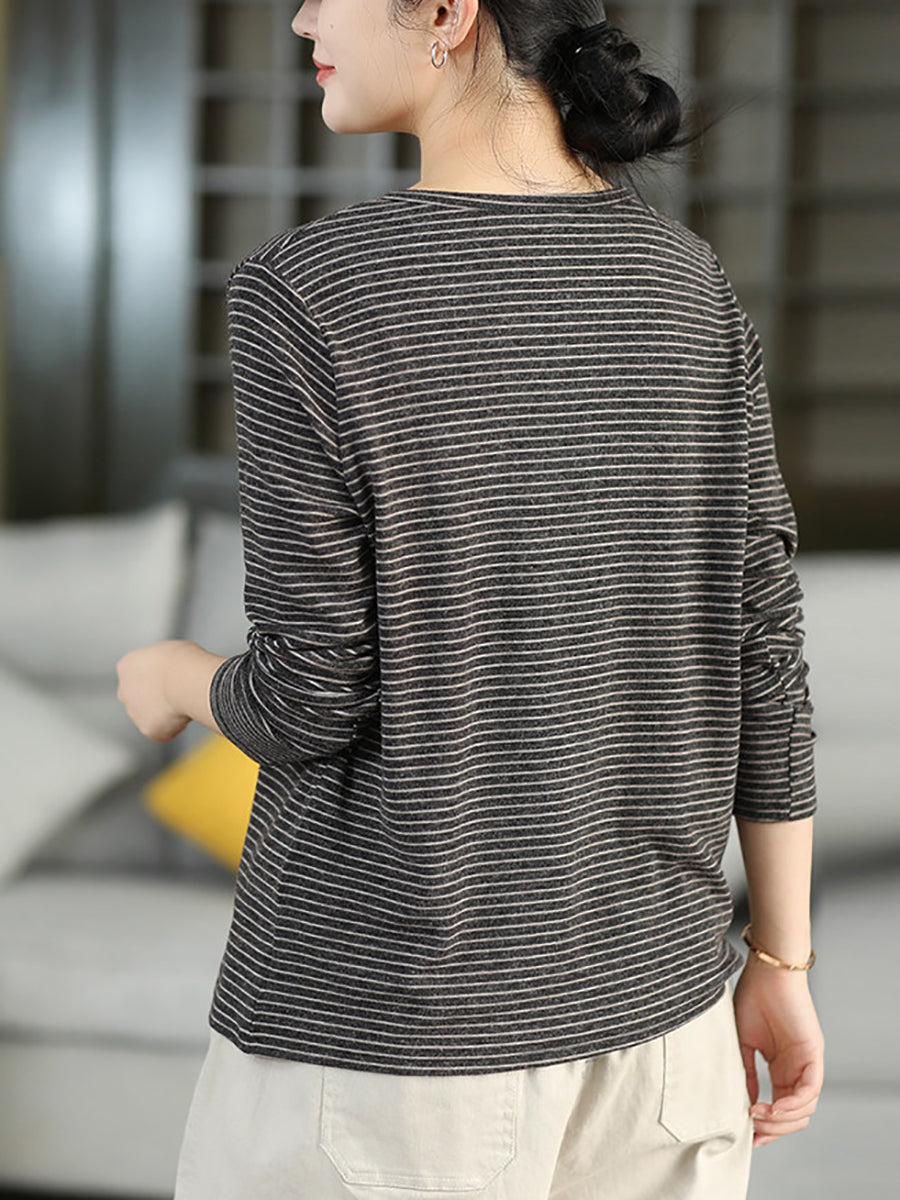 Women Fall Artsy Stripe Cashmere Cotton Crew Neck Long Sleeve Pullover Top