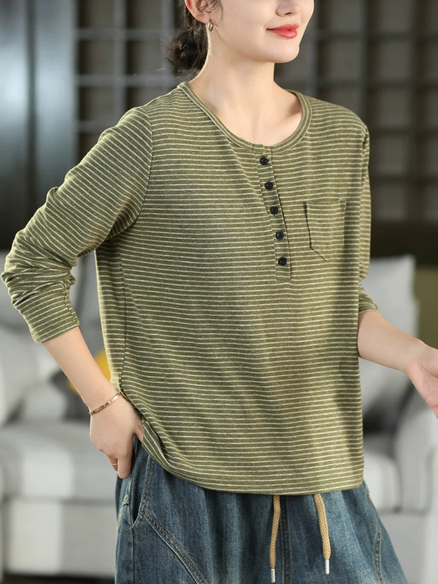 Women Fall Artsy Stripe Cashmere Cotton Crew Neck Long Sleeve Pullover Top