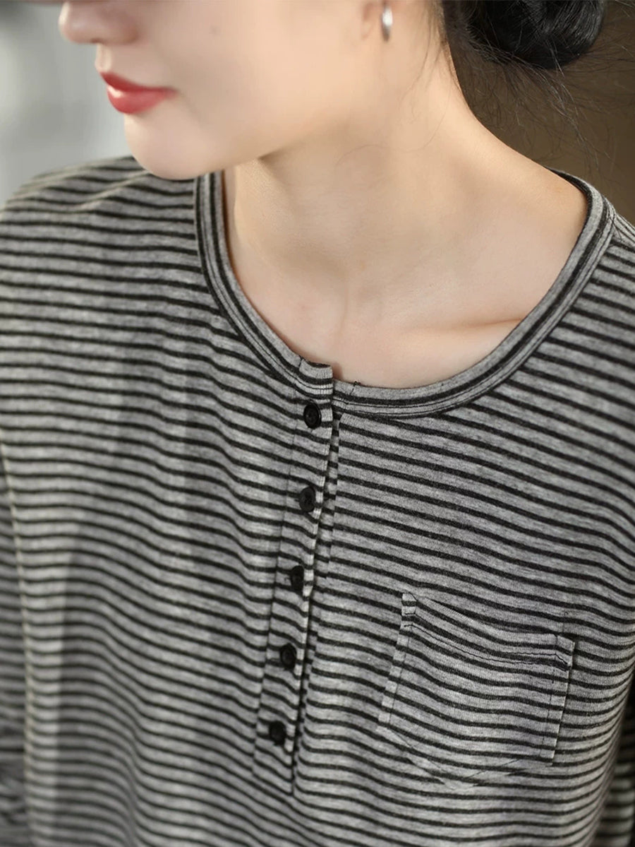 Women Fall Artsy Stripe Cashmere Cotton Crew Neck Long Sleeve Pullover Top
