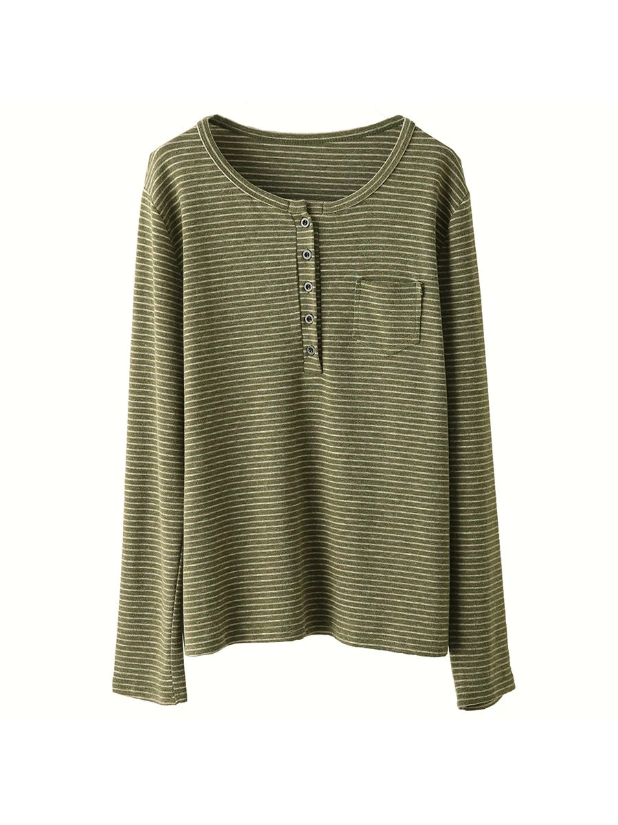 Women Fall Artsy Stripe Cashmere Cotton Crew Neck Long Sleeve Pullover Top