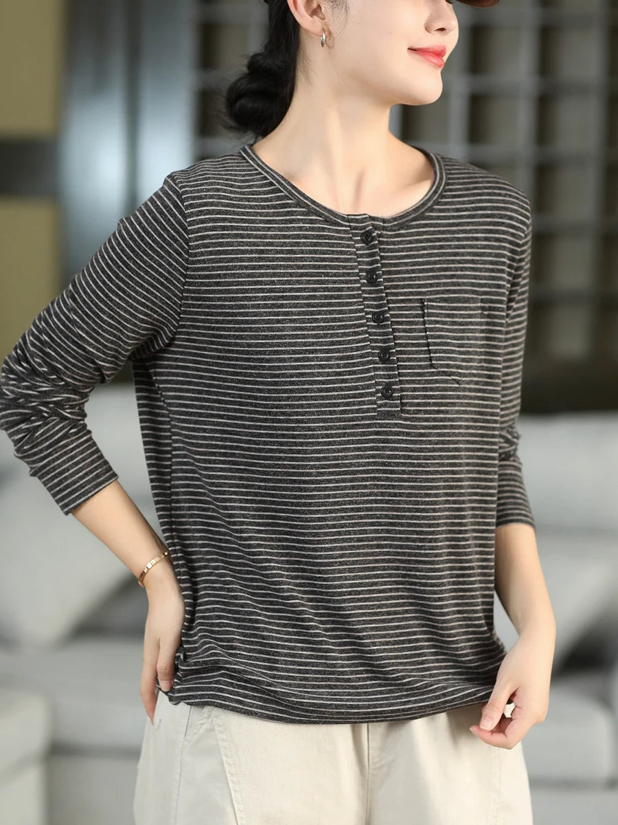 Women Fall Artsy Stripe Cashmere Cotton Crew Neck Long Sleeve Pullover Top