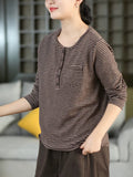 Women Fall Artsy Stripe Cashmere Cotton Crew Neck Long Sleeve Pullover Top