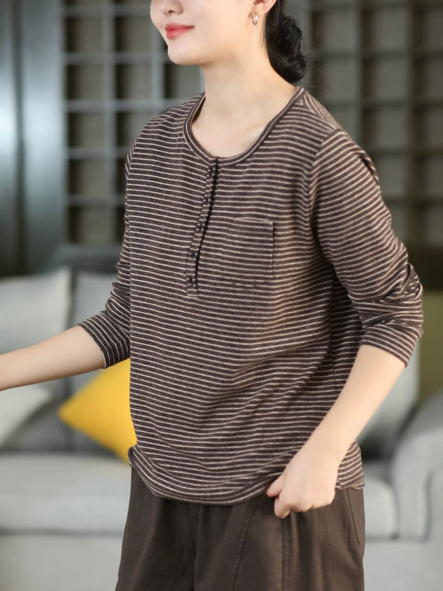 Women Fall Artsy Stripe Cashmere Cotton Crew Neck Long Sleeve Pullover Top