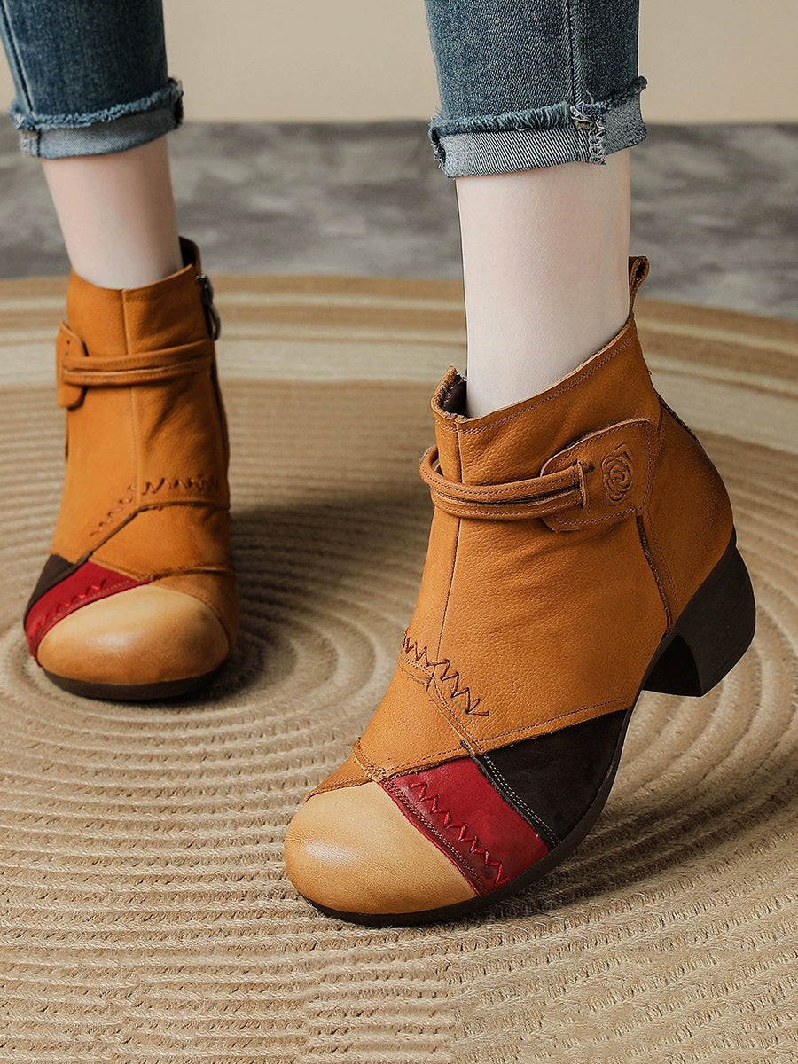Women Retro Genuine Leather Color Block Patchwork Mid-Heel Martin Boots