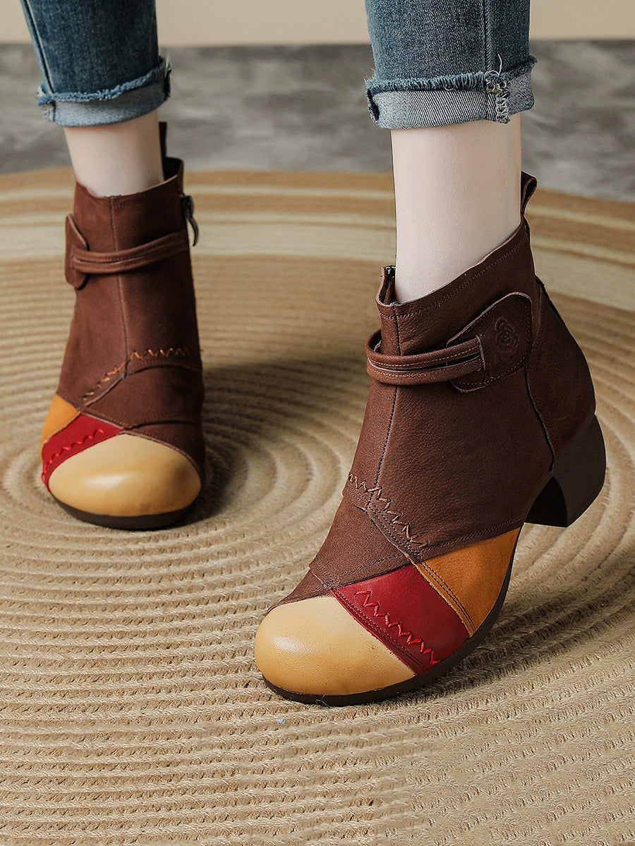 Women Retro Genuine Leather Color Block Patchwork Mid-Heel Martin Boots