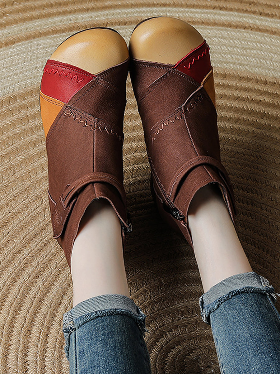 Women Retro Genuine Leather Color Block Patchwork Mid-Heel Martin Boots