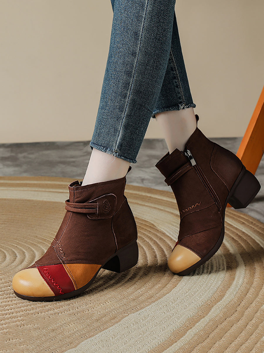 Women Retro Genuine Leather Color Block Patchwork Mid-Heel Martin Boots
