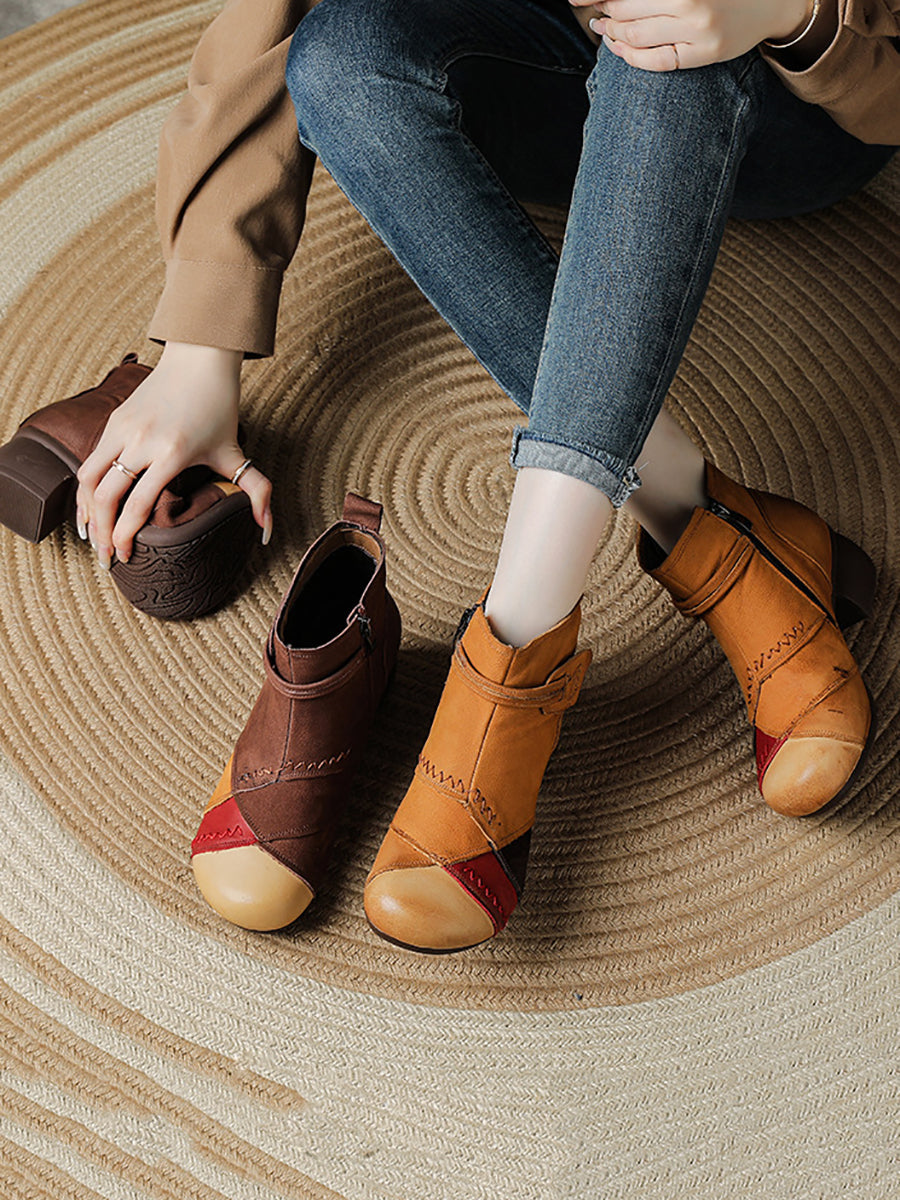 Women Retro Genuine Leather Color Block Patchwork Mid-Heel Martin Boots
