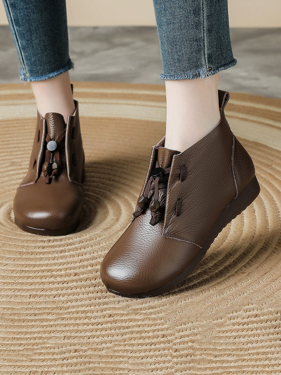 Women Vintage Soft Leather Adjustable Drawstring Toggle Short Boots