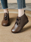Women Vintage Soft Leather Adjustable Drawstring Toggle Short Boots