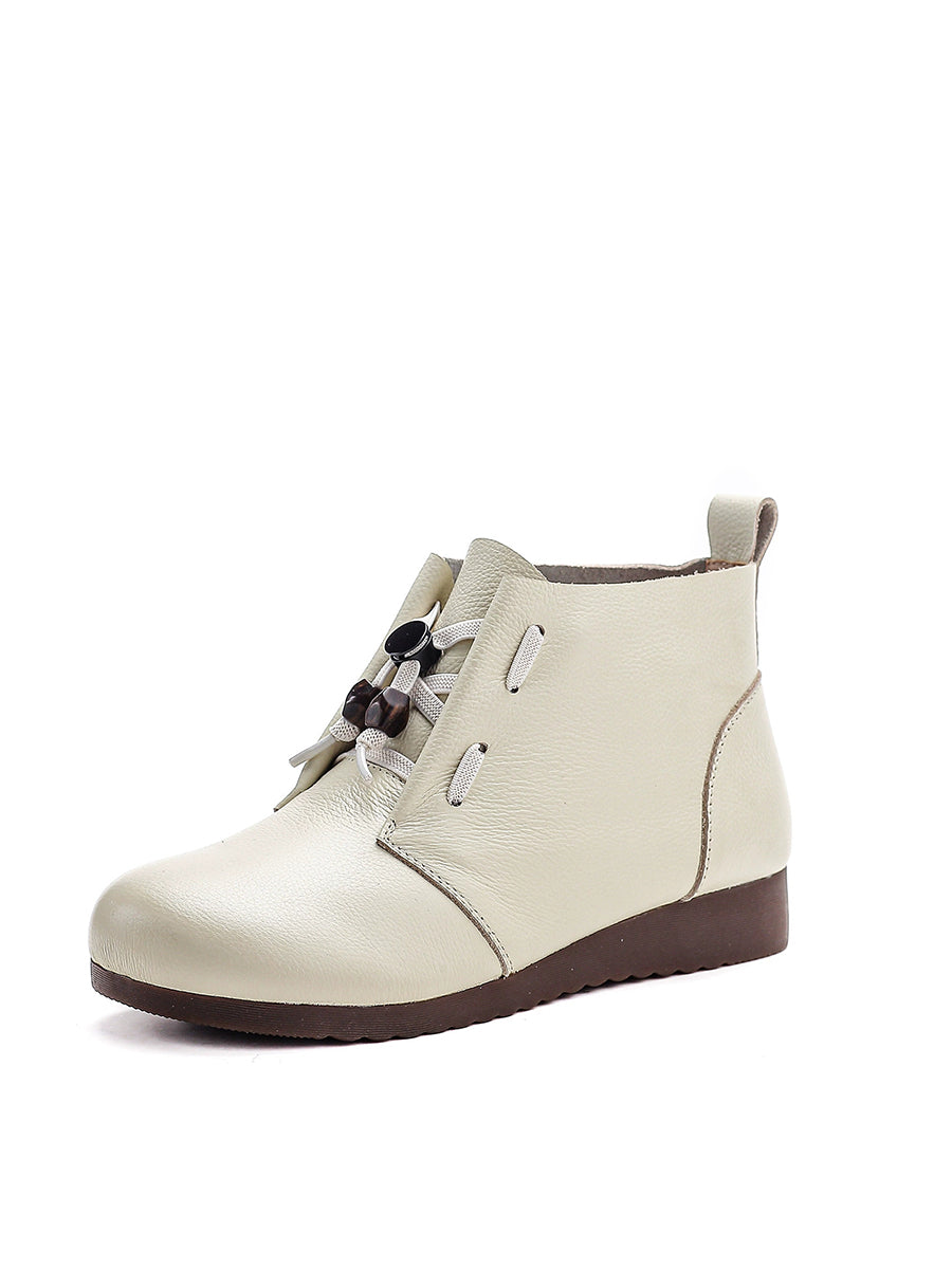 Women Vintage Soft Leather Adjustable Drawstring Toggle Short Boots