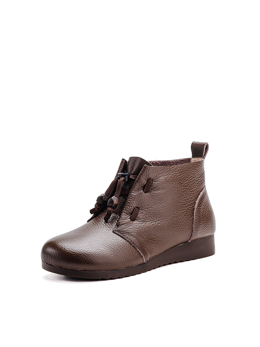 Women Vintage Soft Leather Adjustable Drawstring Toggle Short Boots