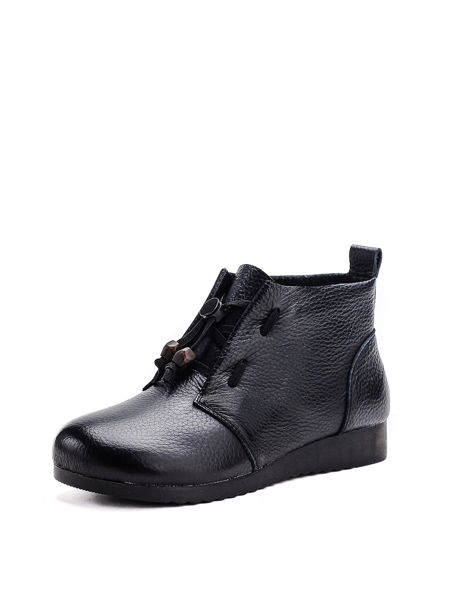 Women Vintage Soft Leather Adjustable Drawstring Toggle Short Boots