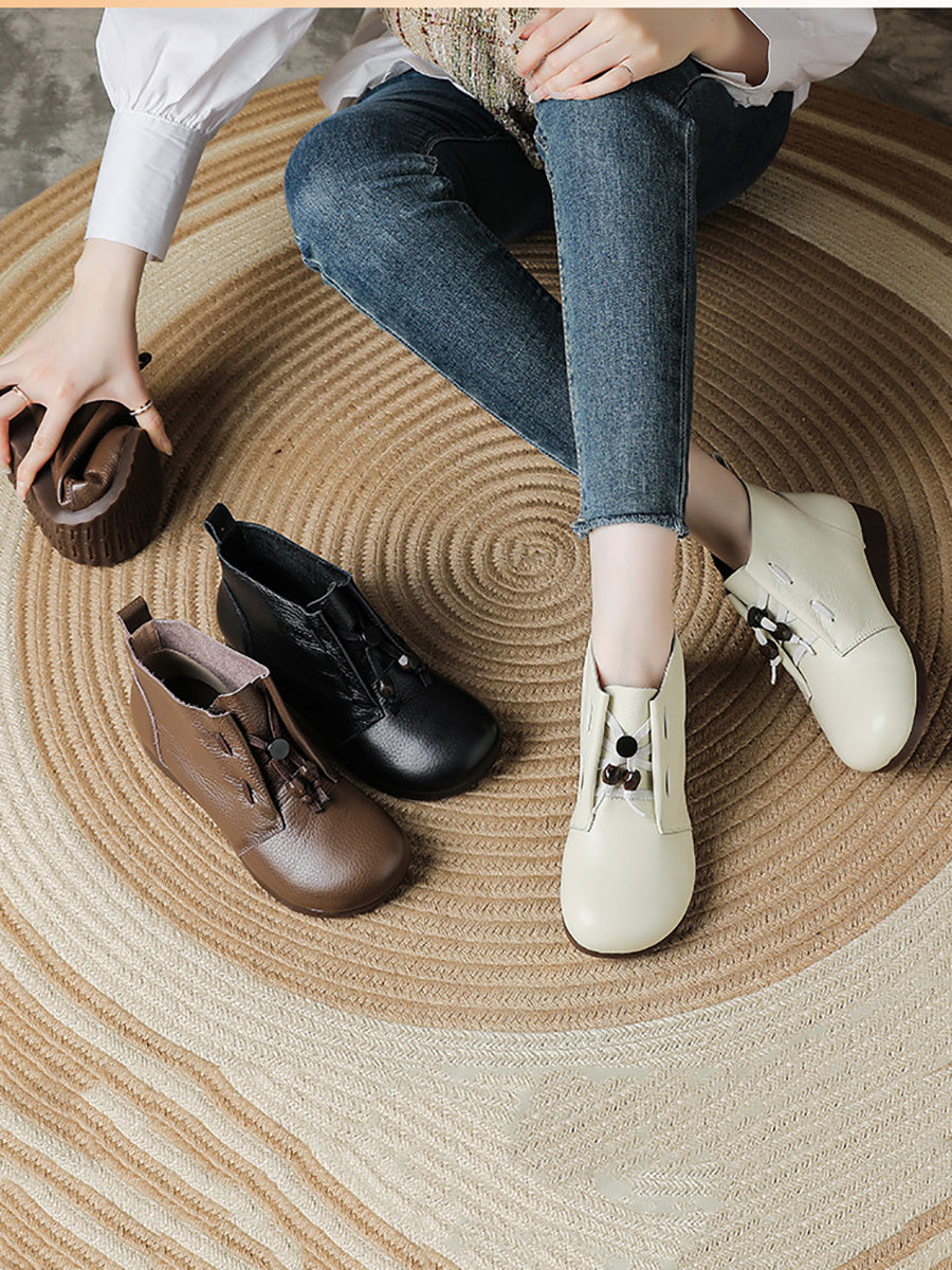 Women Vintage Soft Leather Adjustable Drawstring Toggle Short Boots