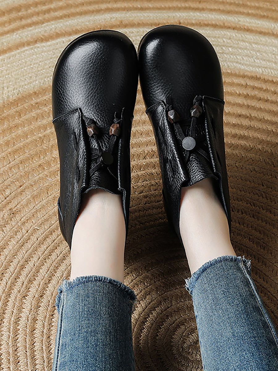 Women Vintage Soft Leather Adjustable Drawstring Toggle Short Boots