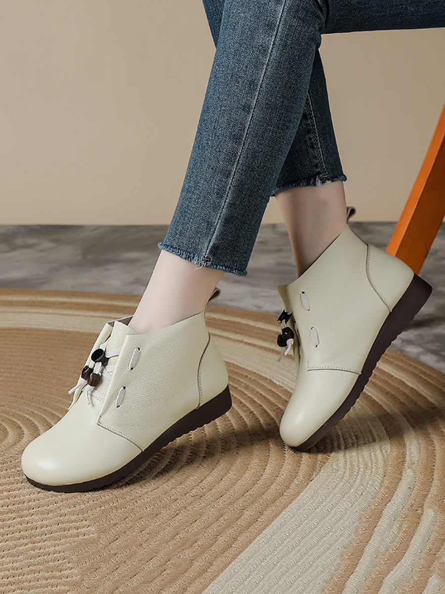 Women Vintage Soft Leather Adjustable Drawstring Toggle Short Boots