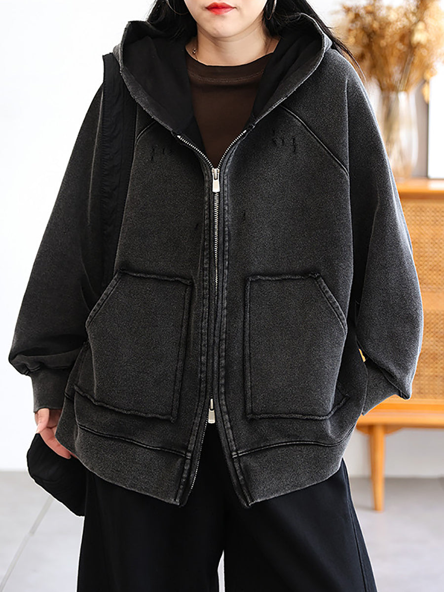 Women Artistic Distressed Zip-Up Casual Hooded Jacket
