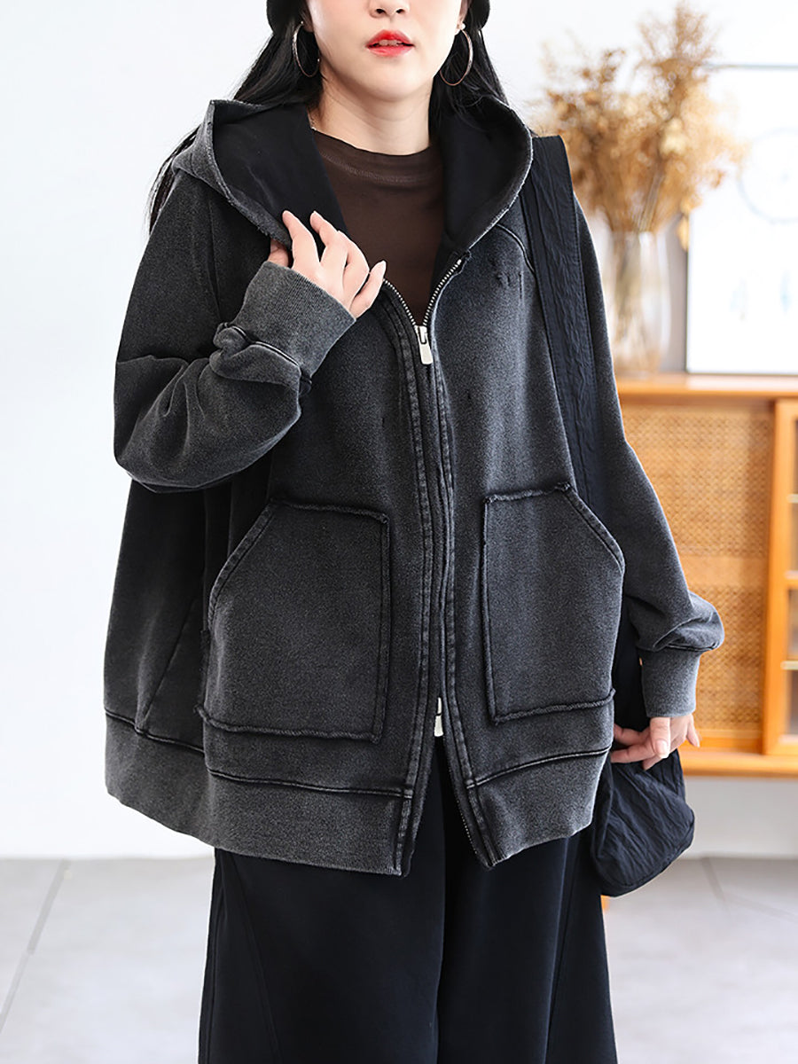 Women Artistic Distressed Zip-Up Casual Hooded Jacket