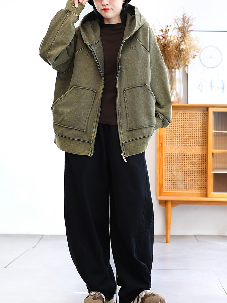 Women Artistic Distressed Zip-Up Casual Hooded Jacket