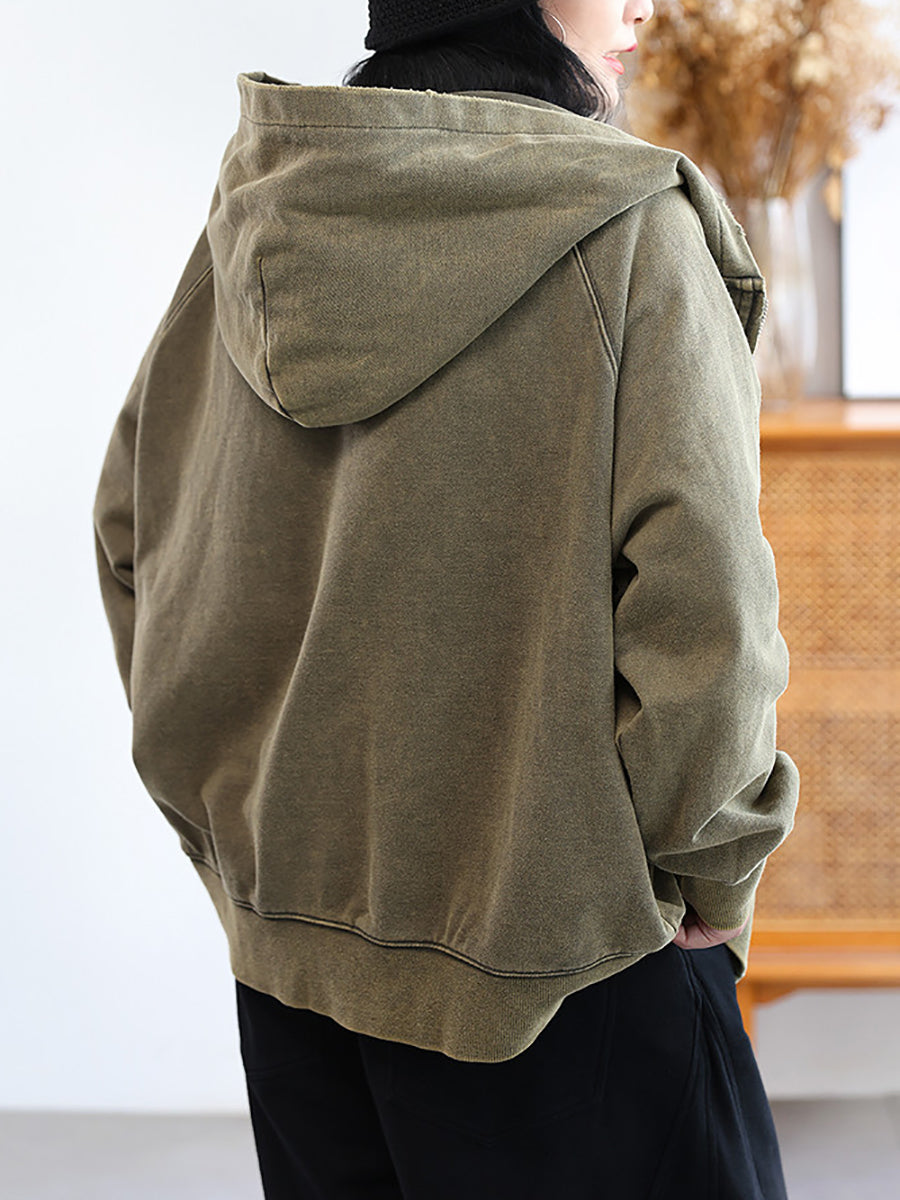 Women Artistic Distressed Zip-Up Casual Hooded Jacket