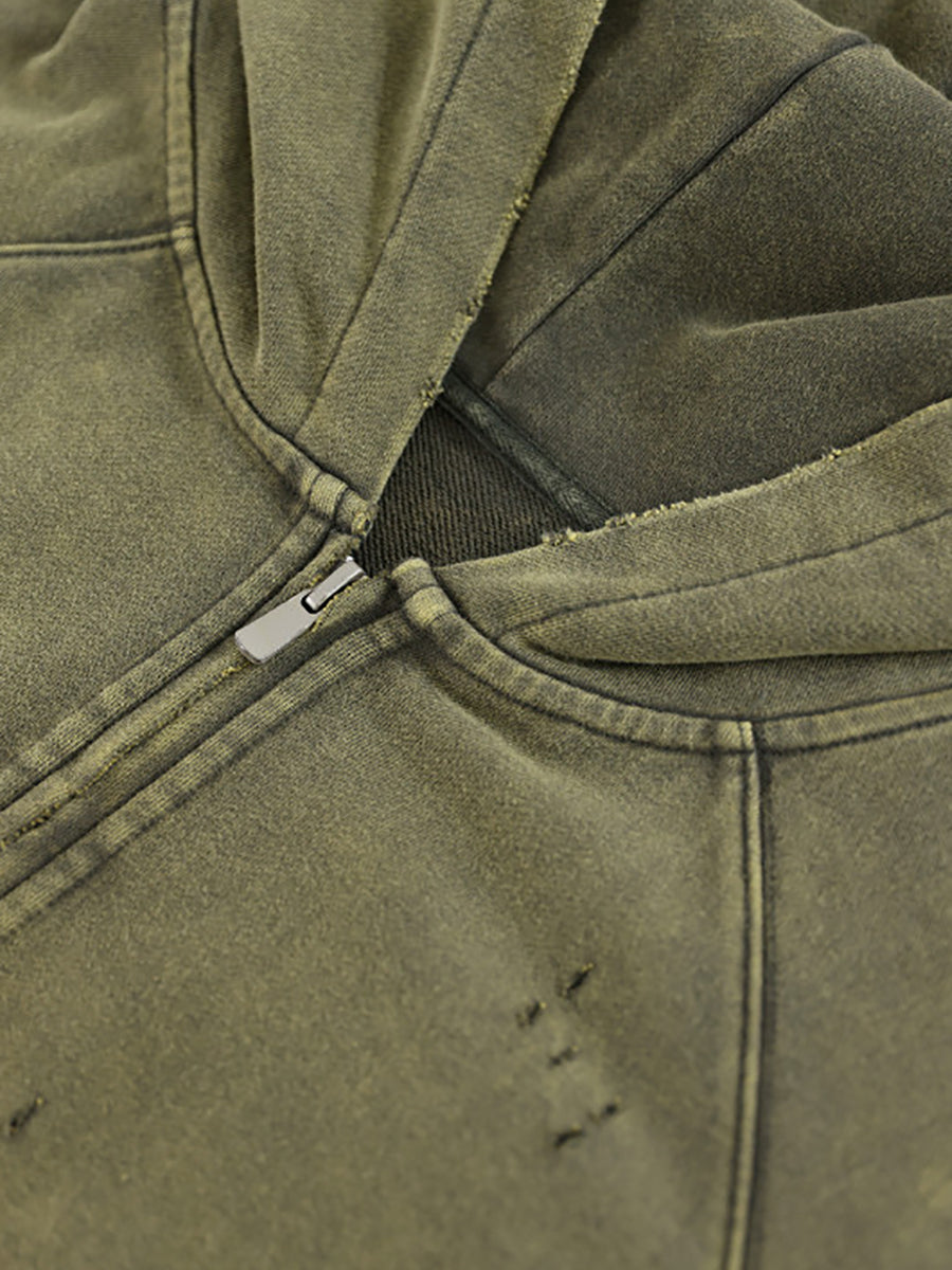 Women Artistic Distressed Zip-Up Casual Hooded Jacket