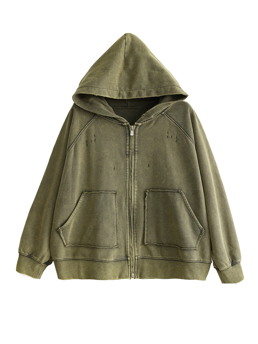 Women Artistic Distressed Zip-Up Casual Hooded Jacket