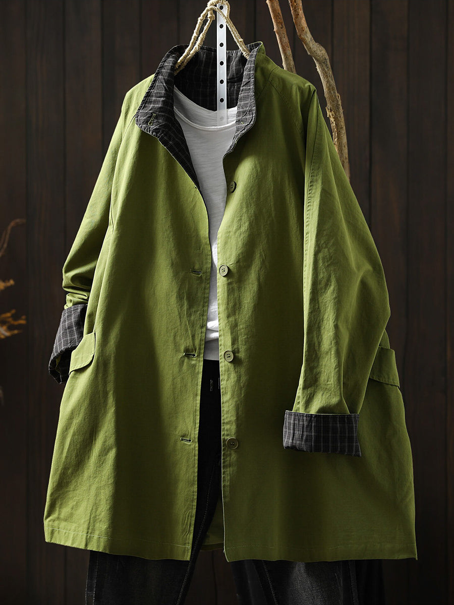 Plus Size Women Fall Artsy Casual Stand Collar Mid-Length Cotton Trench Coat