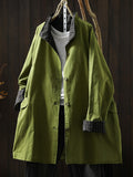 Plus Size Women Fall Artsy Casual Stand Collar Mid-Length Cotton Trench Coat