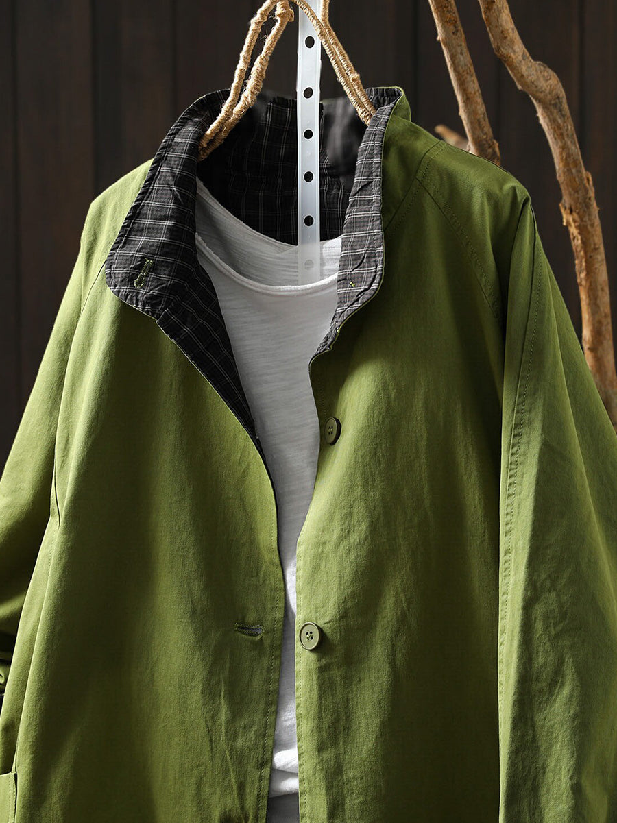 Plus Size Women Fall Artsy Casual Stand Collar Mid-Length Cotton Trench Coat