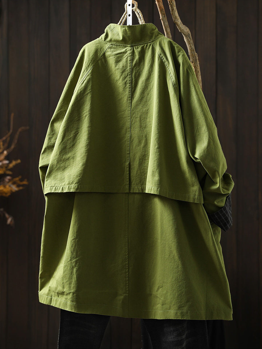 Plus Size Women Fall Artsy Casual Stand Collar Mid-Length Cotton Trench Coat