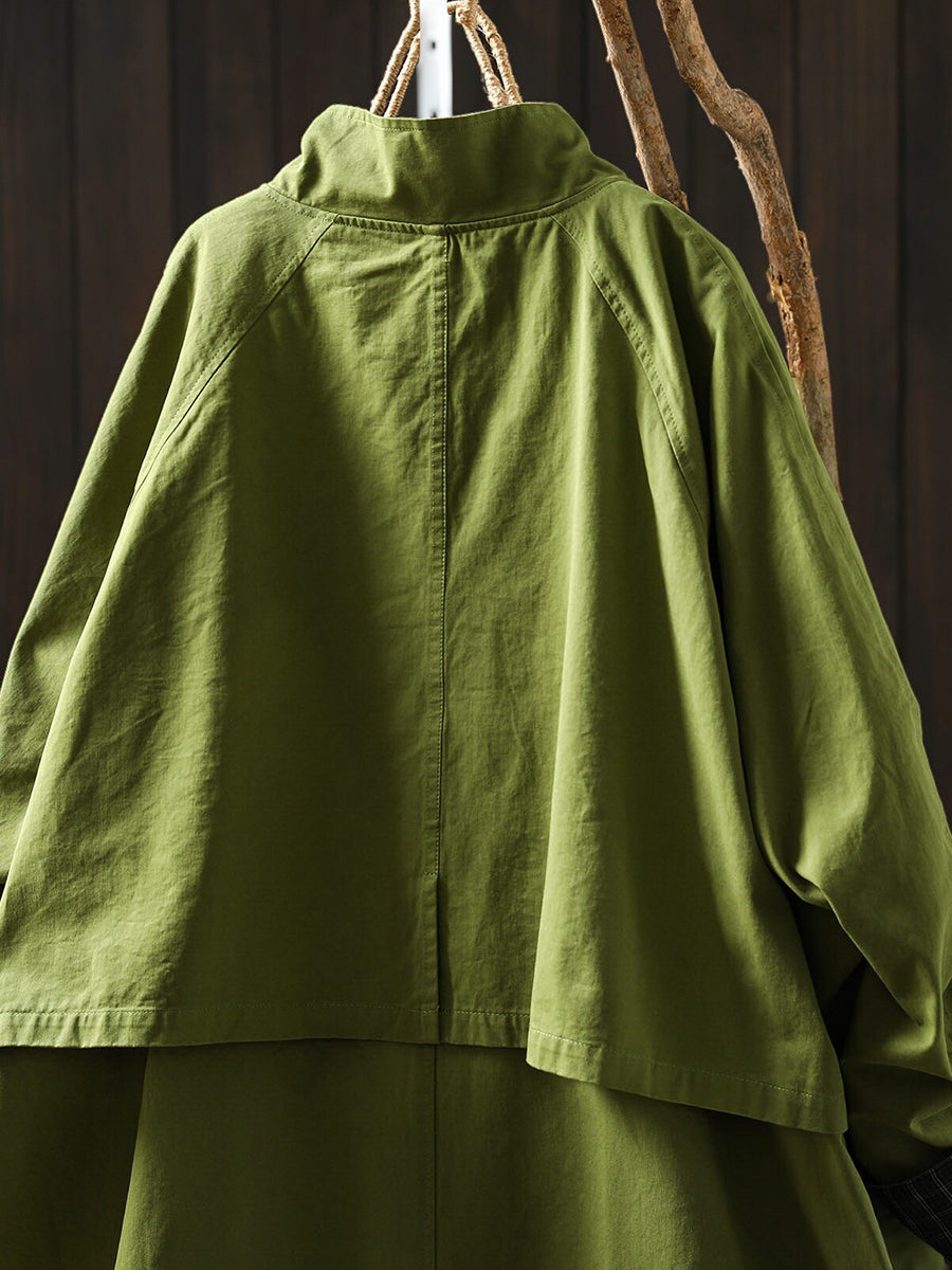 Plus Size Women Fall Artsy Casual Stand Collar Mid-Length Cotton Trench Coat