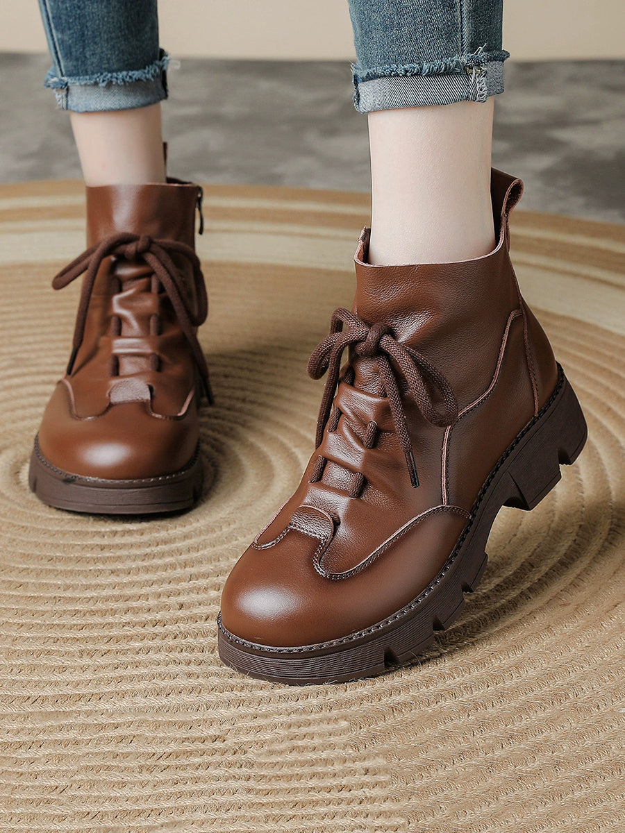 Women Vintage Genuine Leather Chunky Sole Lace-Up Martin Boots