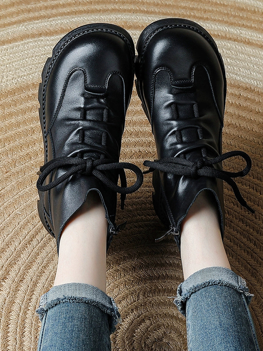 Women Vintage Genuine Leather Chunky Sole Lace-Up Martin Boots