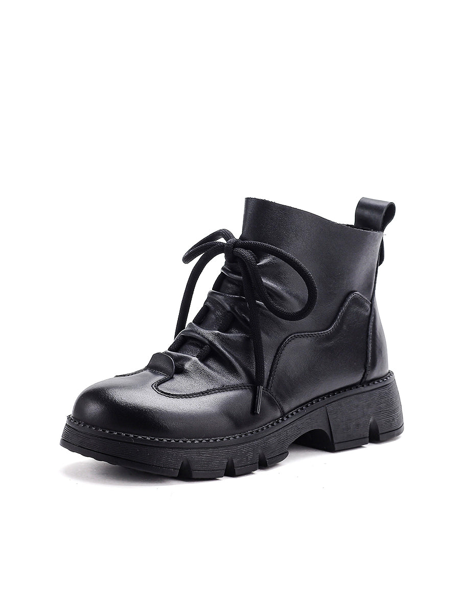 Women Vintage Genuine Leather Chunky Sole Lace-Up Martin Boots