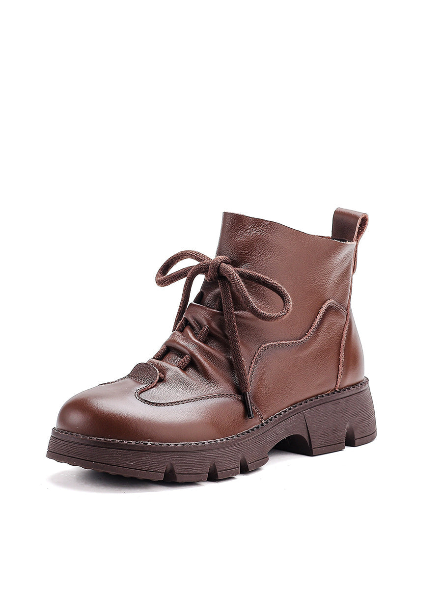Women Vintage Genuine Leather Chunky Sole Lace-Up Martin Boots