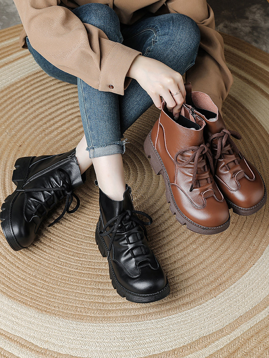 Women Vintage Genuine Leather Chunky Sole Lace-Up Martin Boots