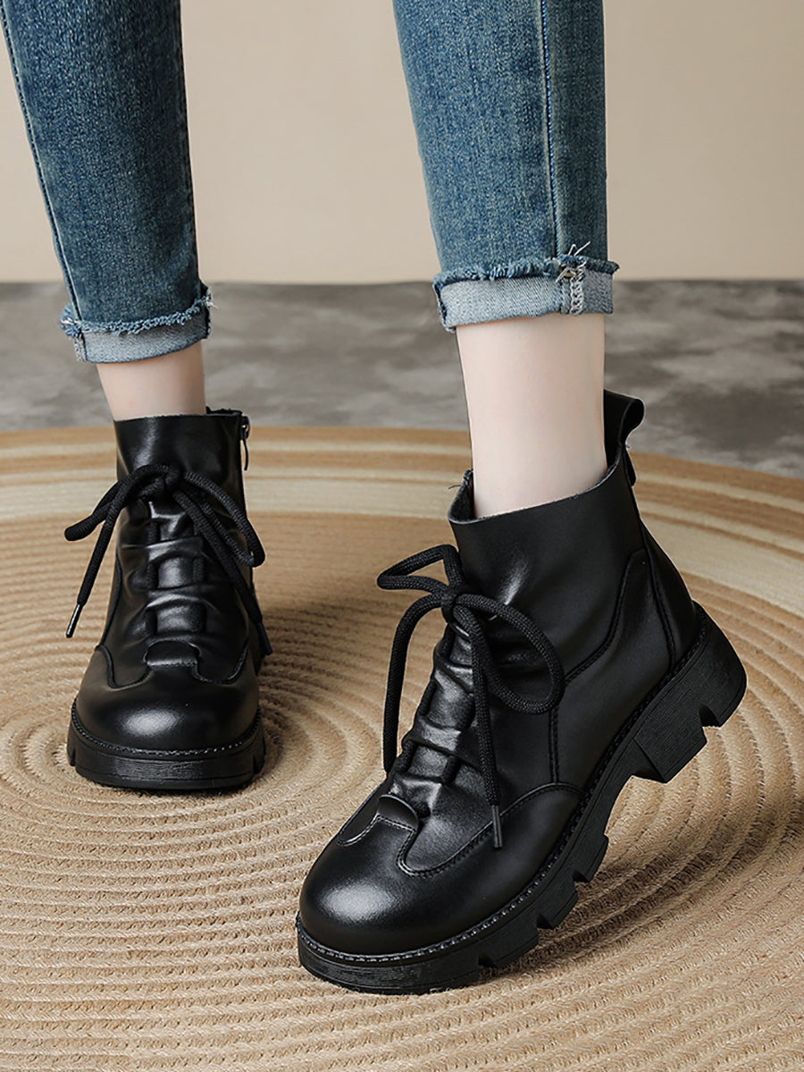 Women Vintage Genuine Leather Chunky Sole Lace-Up Martin Boots
